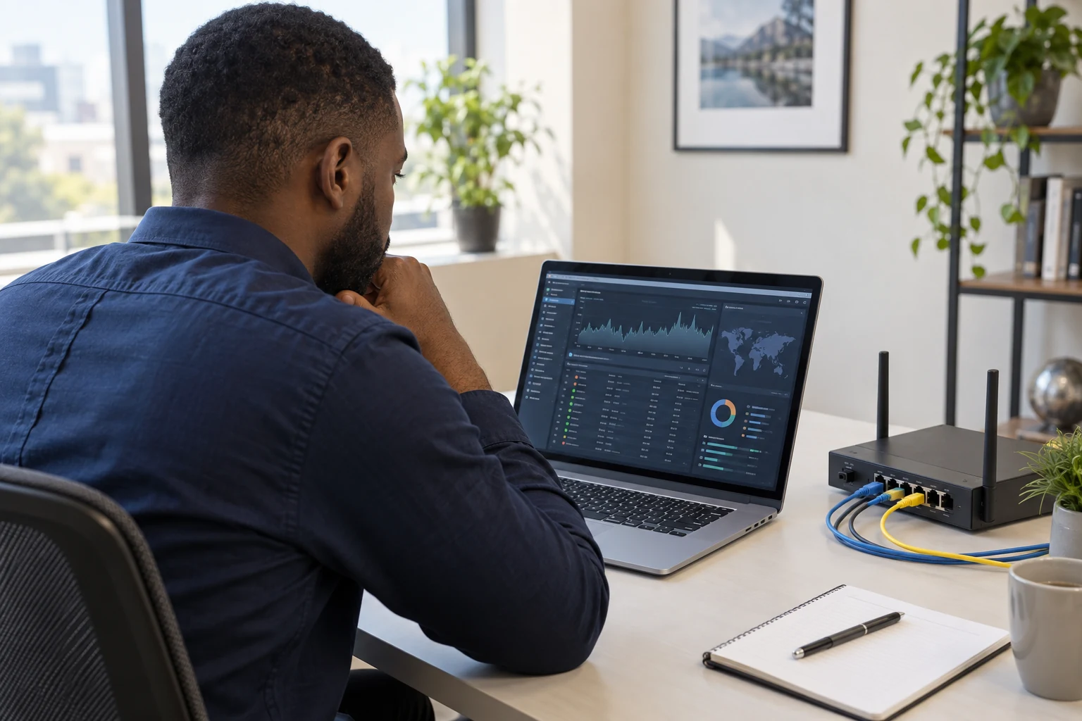 A cybersecurity professional reviewing a network