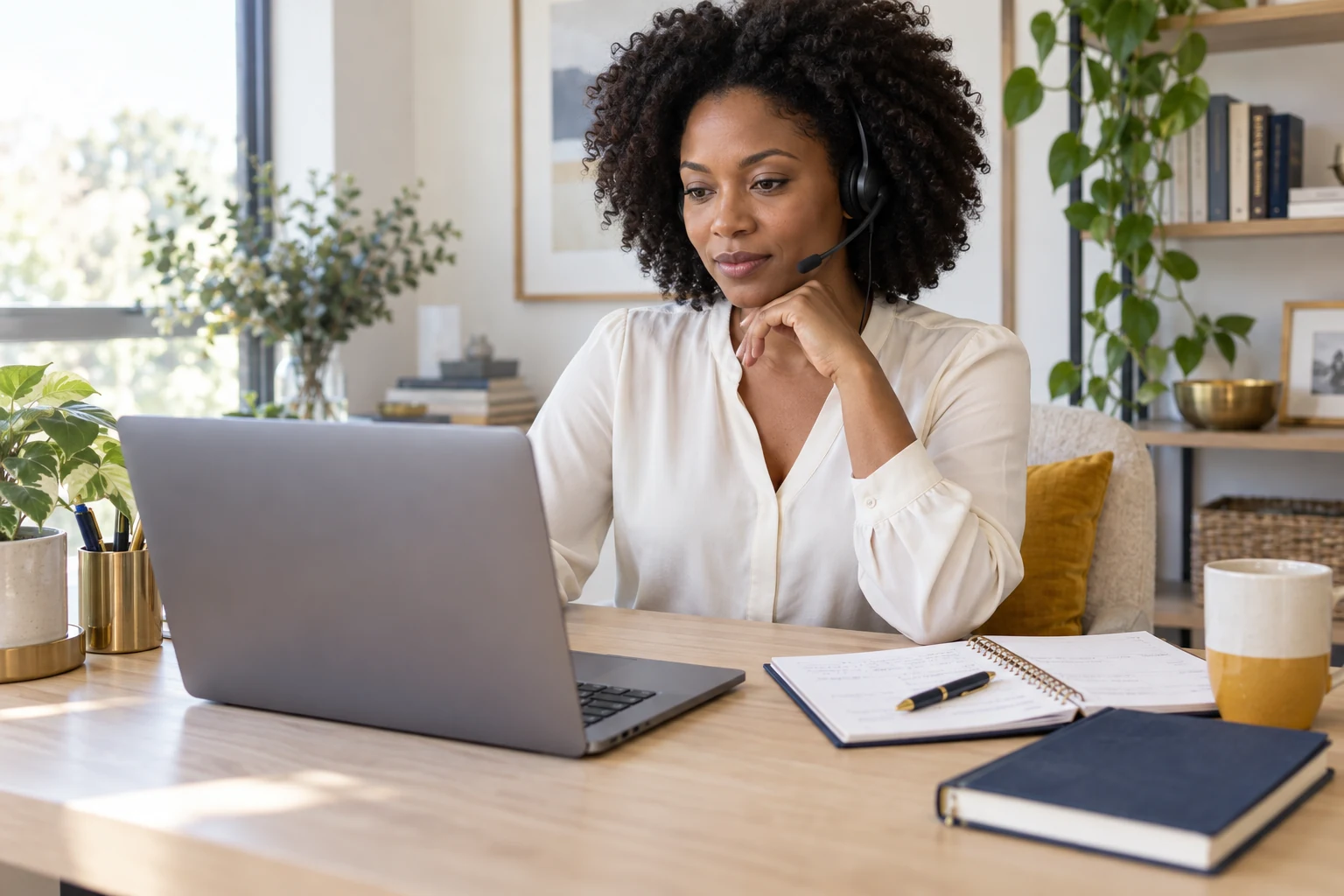 A virtual assistant working from a bright home office
